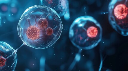 Naklejka premium Futuristic digital illustration featuring glowing organic shapes and molecular structures on a blue background. This biotech banner design represents AI technology concepts in medical research and edu