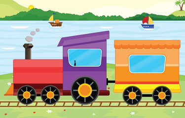 Colorful train with sea and bright landscape illustration