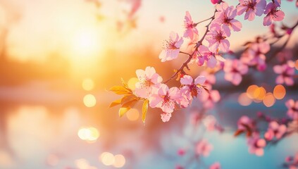 The sun shines on a spring landscape with blooming wildflowers at sunset