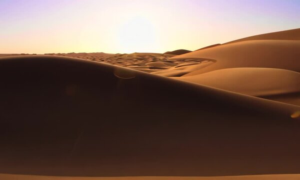Desert landscape with sand dunes and a setting sun.  Video