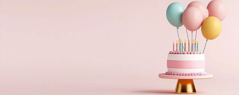 Podium with a minimalist geometric birthday cake and balloons, abstract design, 3D render, modern art-inspired scene