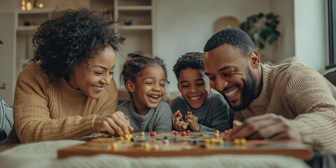Multiethnic family playing board games and laughing together in the living room