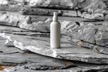 White cosmetic spray bottle mockup, with stone texture background