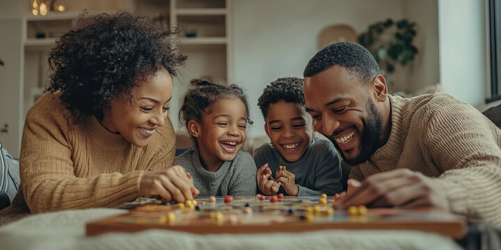 Multiethnic family playing board games and laughing together in the living room