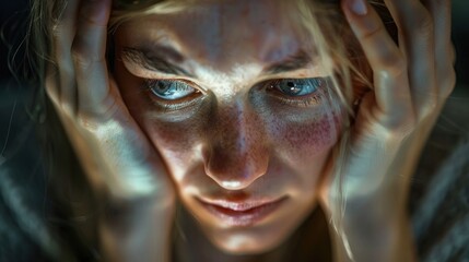Woman holding her head in her hands and feeling remorseful about last night's decisions..