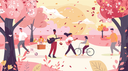 People Walking in Park Characters on Picnic Road