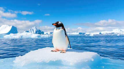 Obraz premium A charming penguin standing on an ice floe surrounded by stunning blue waters and icy landscapes in a serene Antarctic setting.