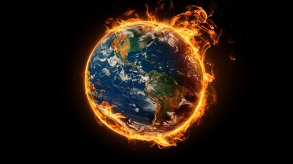 Earth burning and engulfed in flames, signifying a worldwide calamity and a shift in climate