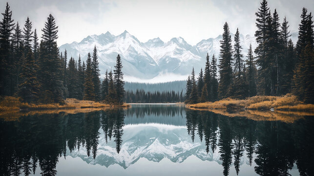 Peaceful Mountain Lake with Pine Trees and Reflections of Snow-Capped Peaks