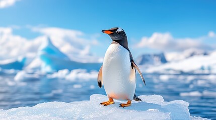 Obraz premium A charming penguin standing on an iceberg under a bright blue sky, showcasing the beauty of wildlife in its natural habitat.