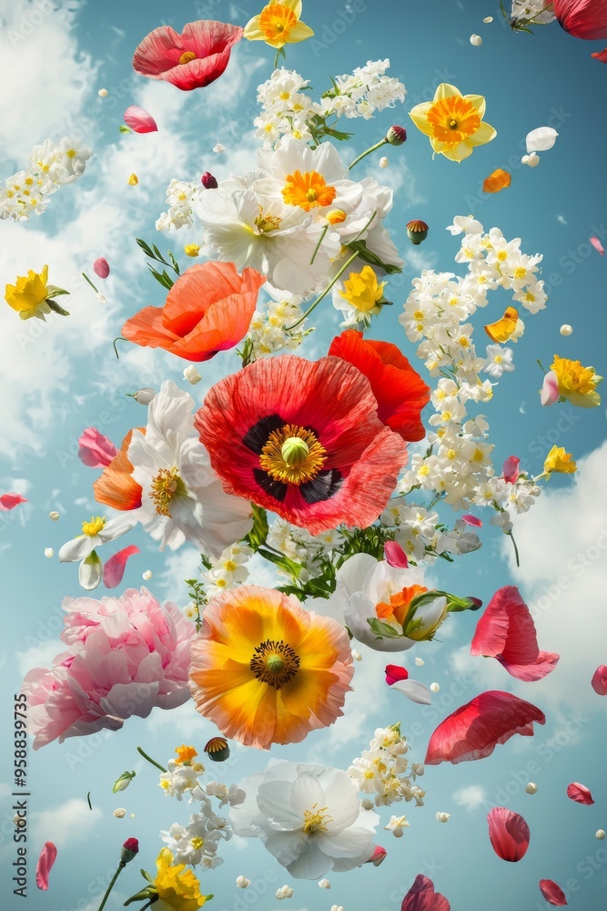 Wall mural A spring abstract background with fresh colorful meadow flowers in the air. On a clear blue sky, a plant nature concept. A flower explosion.