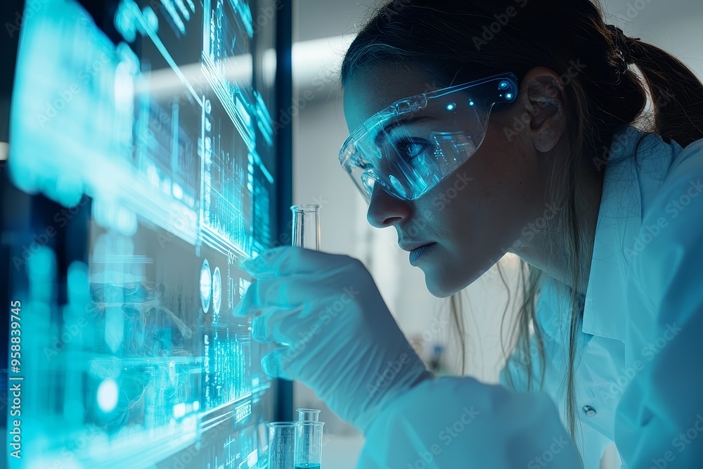 Aufkleber conceptual image of dna molecule testing. vr icon shows a doctor examining dna molecules in a chemic