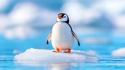 Fototapeta premium A charming penguin stands on a small ice floe surrounded by tranquil blue waters, embodying the beauty of the polar environment.