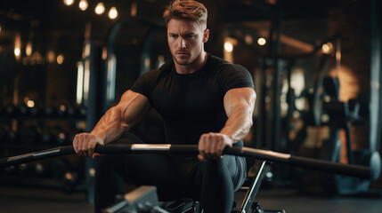 Fototapeta premium W siłowni, członek klubu fitness ciężko pracuje na maszynie wioślarskiej, wykonując rytmiczne ruchy, które angażują całe ciało.