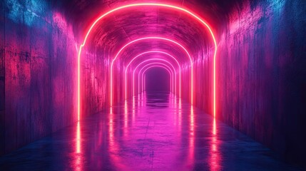 cycle animation abstract neon backgroun dynamic lines glowing in the dark room with floor reflection virtual fluorescent ribbon loop fantastic minimalist wallpaper spee of light