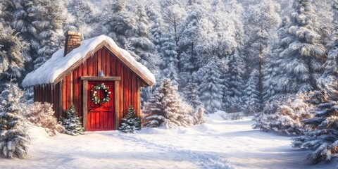 Rustic Christmas banner with wooden cabin, snow-covered pines, festive wreath, homey and inviting holiday atmosphere.