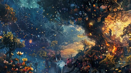 Obraz premium A surreal painting depicting a large tree with glowing branches, surrounded by a vibrant forest with waterfalls and flowers.
