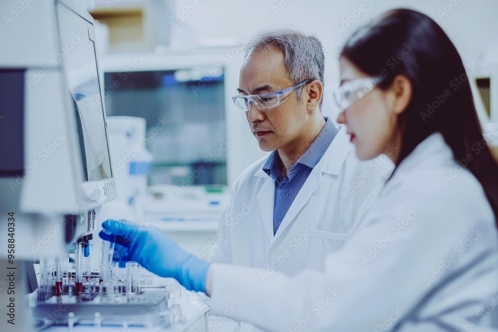 Poster during mass spectrometry, a scientist injects samples with a micro-syringe into a mass spectrometer,
