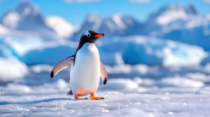 Fototapeta premium A charming penguin stands on ice, showcasing its unique features against a backdrop of serene, icy landscapes.