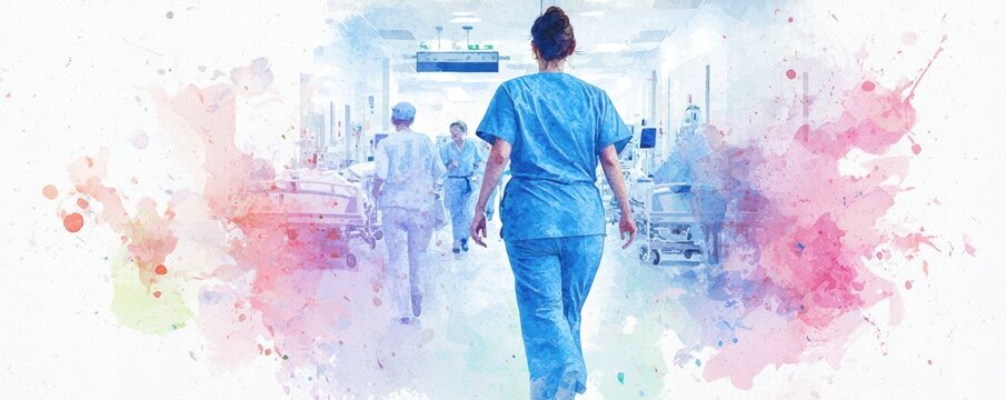 Dynamic nurse rushing through a busy hospital corridor, urgency in the air, Watercolor style