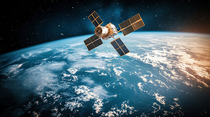 Satellite Orbiting Earth in Outer Space with Planetary View