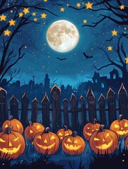 Fototapeta premium Full Moon Halloween Night with Spooky Forest and Pumpkin Heads