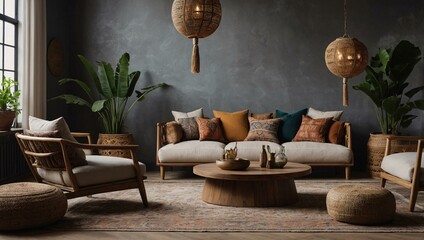 Timeless bohemian lounge mockup featuring ethnic decor and stylish furnishings.