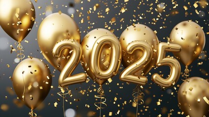 New year 2025 celebration with golden balloons and shiny falling confetti