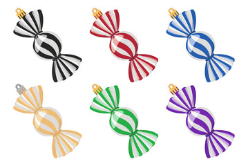 Set of Christmas tree decorations. Christmas tree decorations in the form of candies. Isolated on white background vector illustration. Black, red, blue, gold, green and purple Christmas decorations.