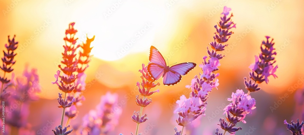 Poster in a sunny meadow at sunset, wild flowers and a fly butterfly are seen. a macro photograph with a sh