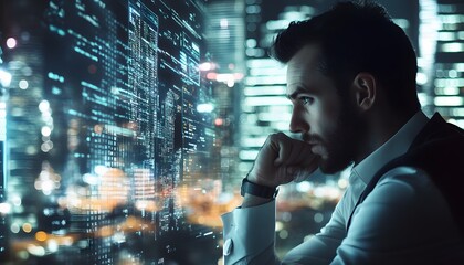 Man Contemplating the Digital Landscape of a Modern City at Night
