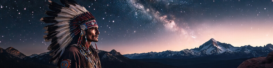 Fototapeta premium Native American man in tribal headdress, standing against a backdrop of mountains and a starry sky