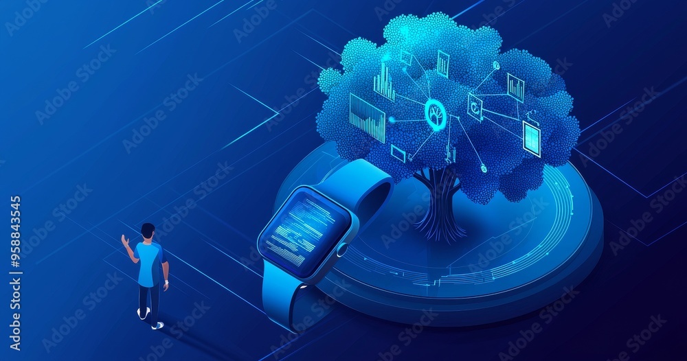 Poster An interaction of nature and technology. The tree has a futuristic element to it. The tree is engineered with virtual biotechnology, and the helmet simulates the natural world. Digital biotechnology,