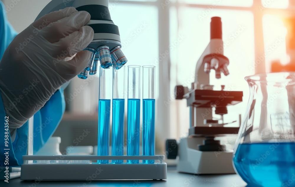 Poster using microscope reagent over glass equipment to work on biochemistry laboratory research, scientist