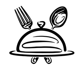 Tray with spoon and fork logo. Emblem for restaurant menu design or food delivery service. Vector illustration