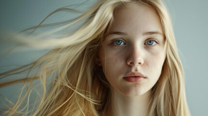 Fototapeta premium Close-up of a long-haired blonde's face against a simple neutral background. The concept of improving the appearance of hair, revealing femininity and attractiveness, developing a hairdressing busines