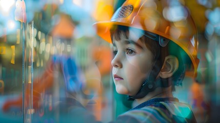 Playground safety concept image with a young boy kid with hard hat letting see an outdoor playground with slide