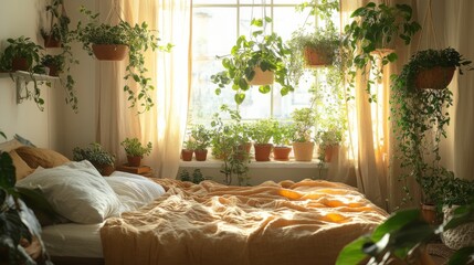 Bedroom with Plants and Sunlight.