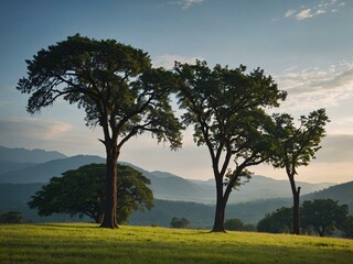 Trees stand tall in a park, with a backdrop of rolling hills and distant mountains.