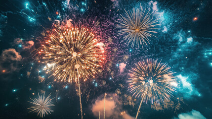 Naklejka premium Colorful fireworks display lighting up the night sky with vibrant bursts and festive celebrations