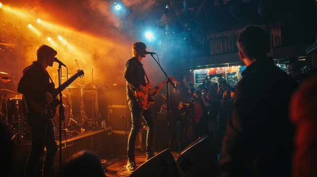 A youth culture band performing on stage at a local music venue, with energetic and enthusiastic crowd interactions.