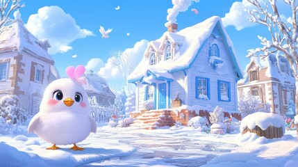 A cute bird in a snowy landscape, with a charming house in the background under a clear blue sky, showcasing winter's beauty.