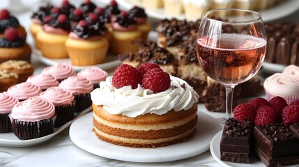 A table full of desserts and a glass of wine. The desserts include cakes, cupcakes, and other sweet treats. The wine glass is filled with a clear liquid