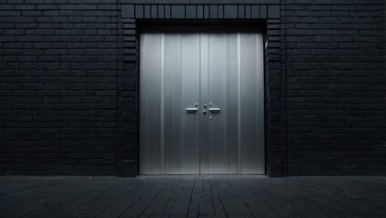 Two silver doors with a black brick wall in the background, creating a contrasting visual.