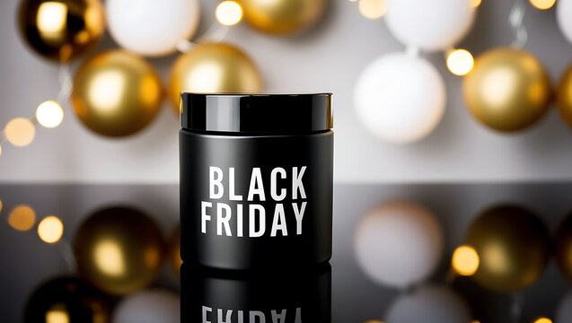 Black Friday banner background, A sleek black container with "FRIDAY" in gold lettering, set against a bokeh background of shimmering gold and white lights. The image exudes luxury and celebration, id