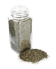 Dry basil in glass jar isolated on white