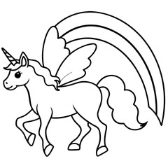 Unicorn with butterfly wings fluttering over a rainbow