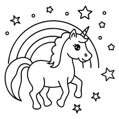 Unicorn with a flowing mane flying through a rainbow