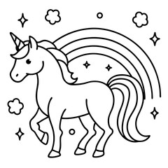 Unicorn with a flowing mane flying through a rainbow
