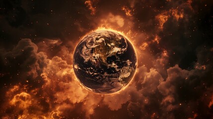 Obraz premium Earth burning and engulfed in flames, signifying a worldwide calamity and a shift in climate